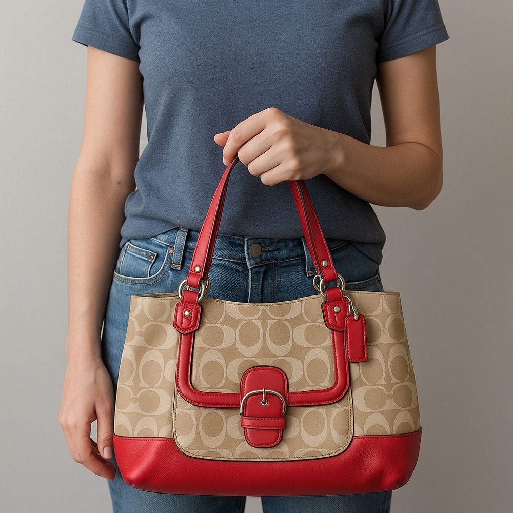 Coach Campbell Signature Belle Carryall Tote – Khaki & Pomegranate Pink Leather - Picture 10 of 10